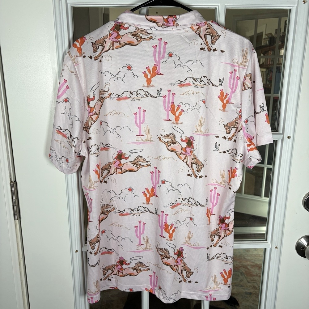 Hivichi Men's XL Western Cowgirl Print Polo Golf Shirt Pink - Picture 7 of 11